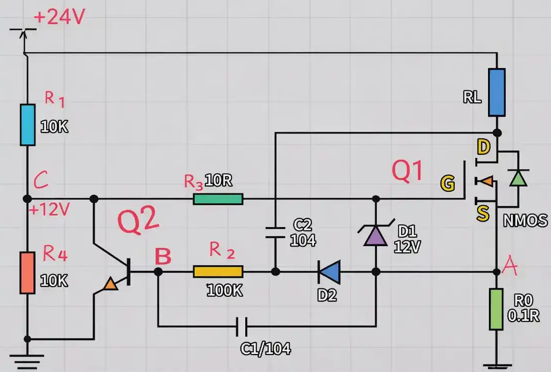 燒MOS,分立打嗝式自恢復保護電路